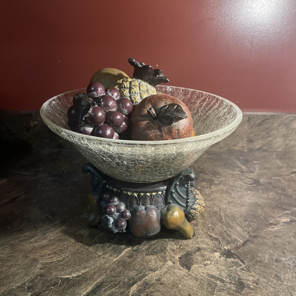 VTG clear crackle Glass Fruit Bowl Centerpiece With Ornate Pedestal Stand